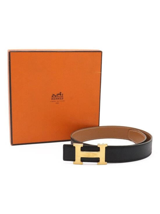 Hermes Belt Buckle Reversible Box Calf Leather Black Light Brown Gold 62 main image 5